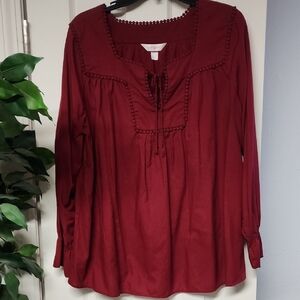 Cacique Burgundy Blouse with Decorative Trim And Ties In Front